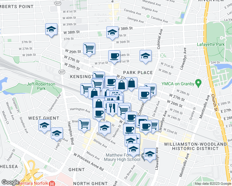 map of restaurants, bars, coffee shops, grocery stores, and more near 2425 Gosnold Avenue in Norfolk