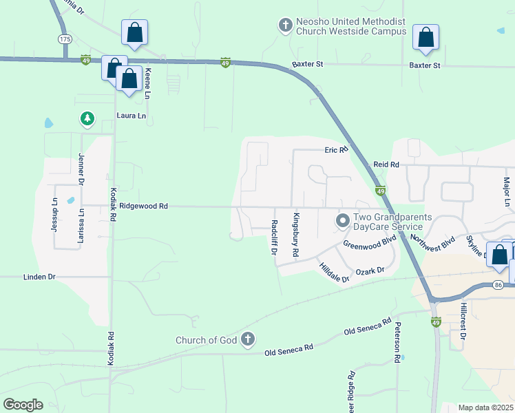 map of restaurants, bars, coffee shops, grocery stores, and more near 1448-1498 Ridgewood Dr in Neosho