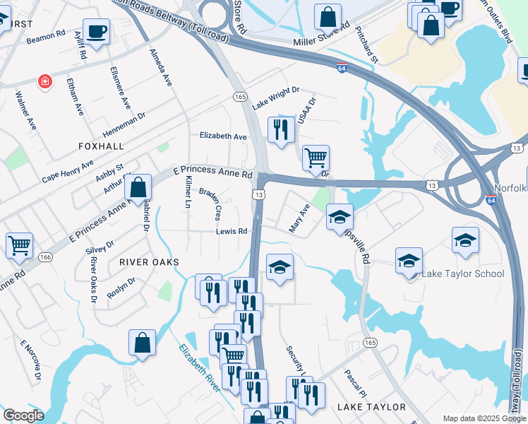 map of restaurants, bars, coffee shops, grocery stores, and more near 1432 N Military Hwy in Norfolk