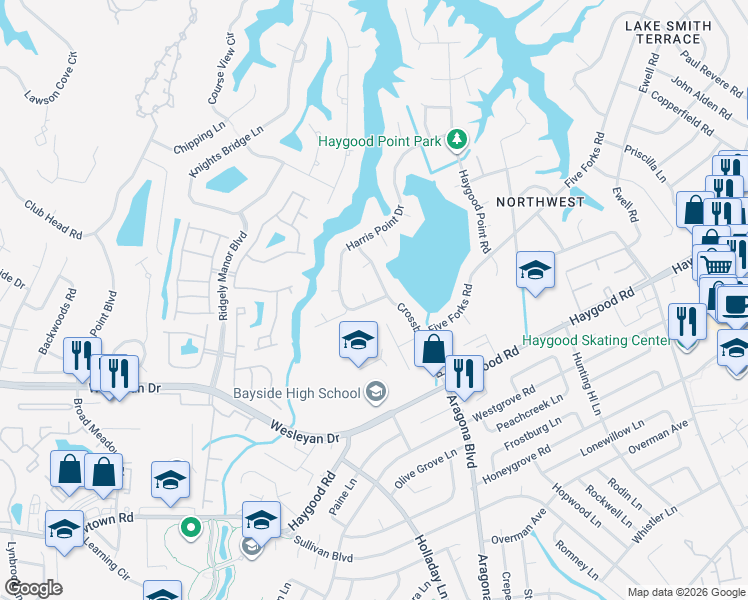 map of restaurants, bars, coffee shops, grocery stores, and more near 655 Harris Point Drive in Virginia Beach