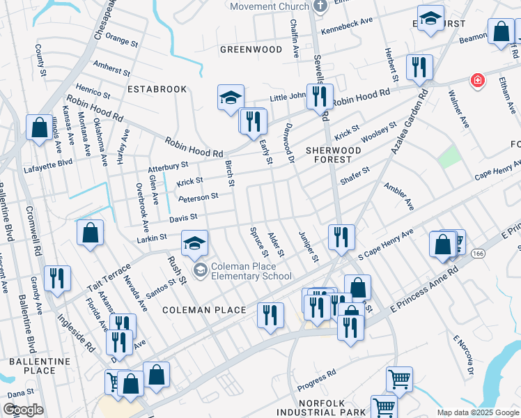map of restaurants, bars, coffee shops, grocery stores, and more near 2709 Alder Street in Norfolk