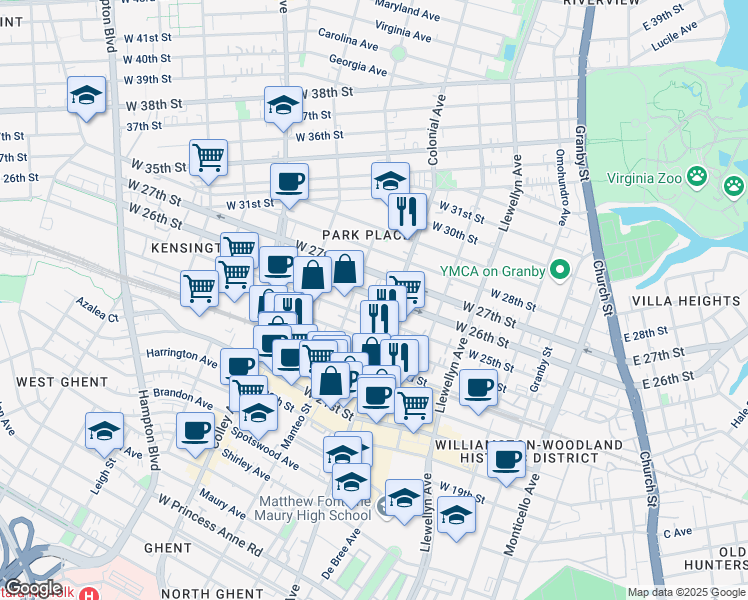 map of restaurants, bars, coffee shops, grocery stores, and more near 517 West 26th Street in Norfolk