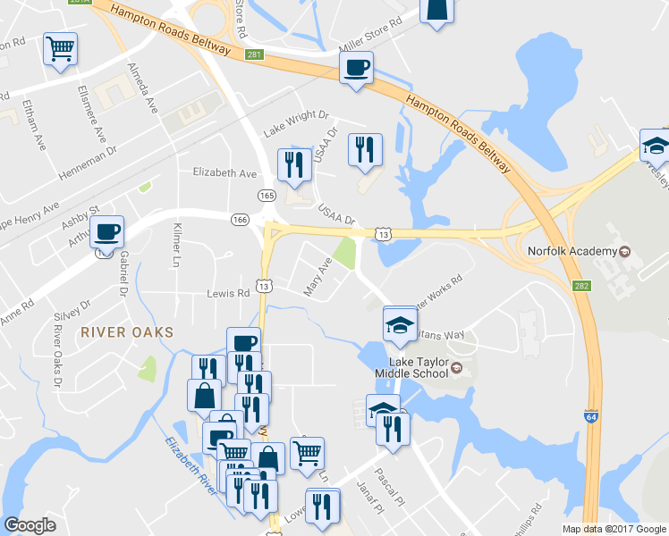 map of restaurants, bars, coffee shops, grocery stores, and more near 1457 Kempsville Rd in Norfolk
