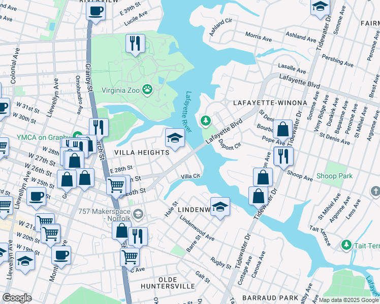 map of restaurants, bars, coffee shops, grocery stores, and more near 2603 Villa Circle in Norfolk