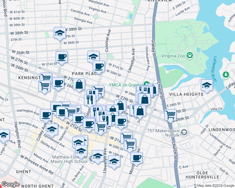 map of restaurants, bars, coffee shops, grocery stores, and more near 306 West 27th Street in Norfolk