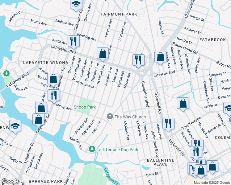 map of restaurants, bars, coffee shops, grocery stores, and more near 2943 Verdun Avenue in Norfolk