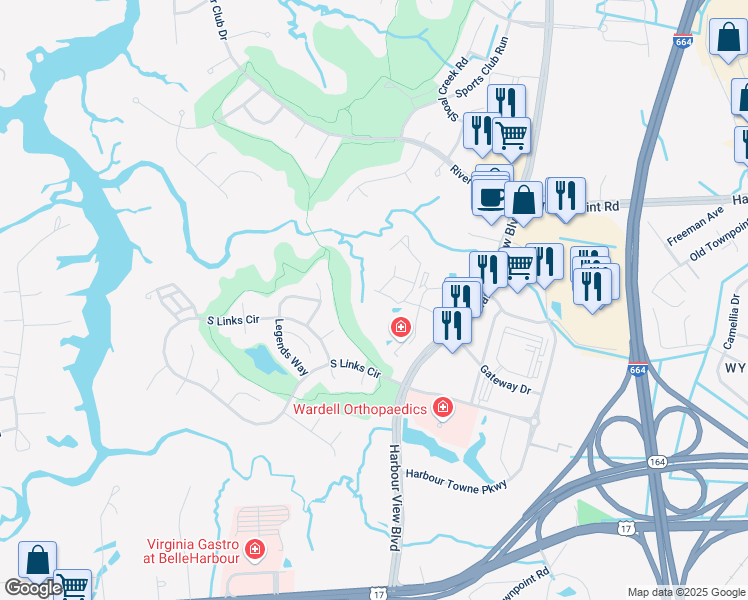 map of restaurants, bars, coffee shops, grocery stores, and more near 1019 Nicklaus Drive in Suffolk