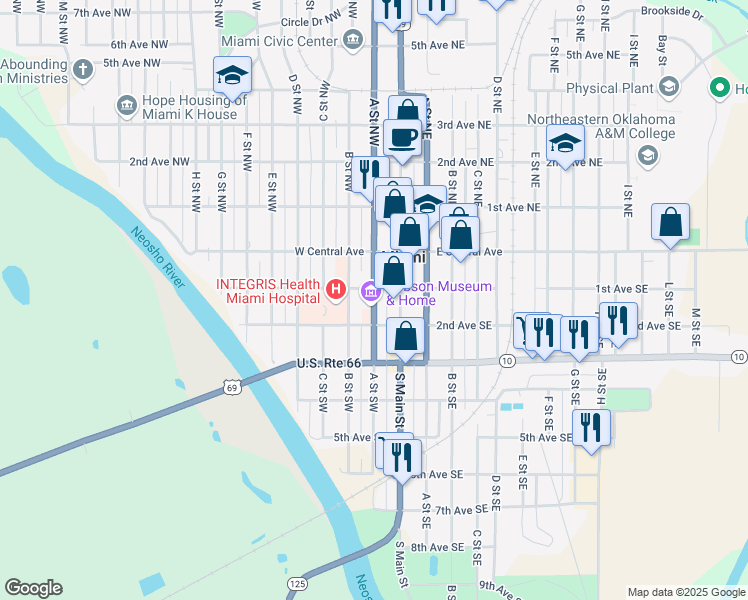 map of restaurants, bars, coffee shops, grocery stores, and more near 106 A Street Southwest in Miami