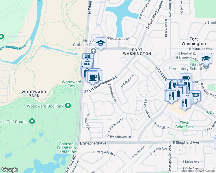 map of restaurants, bars, coffee shops, grocery stores, and more near 460 East Ascot Place in Fresno