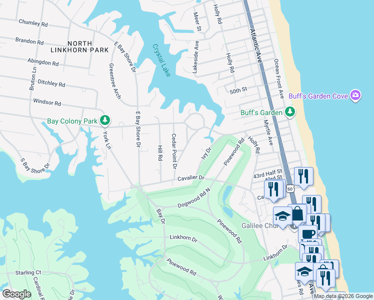 map of restaurants, bars, coffee shops, grocery stores, and more near 1124 Crystal Lake Drive in Virginia Beach