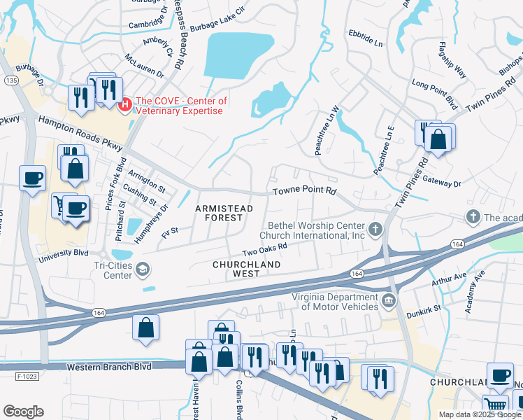 map of restaurants, bars, coffee shops, grocery stores, and more near 3812 Red Barn Road in Portsmouth