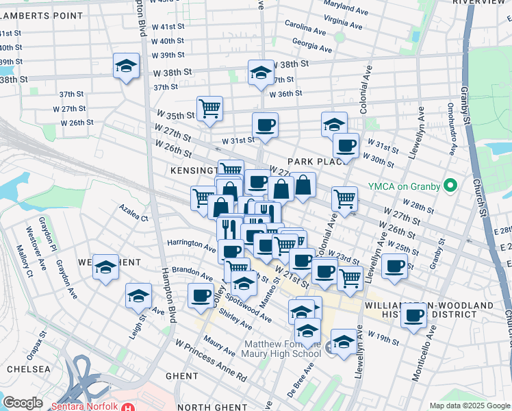 map of restaurants, bars, coffee shops, grocery stores, and more near 2402 Colley Avenue in Norfolk