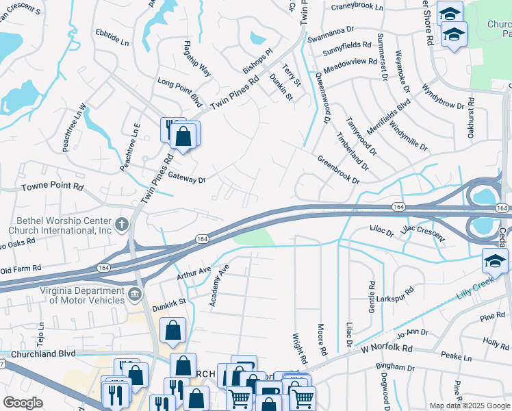 map of restaurants, bars, coffee shops, grocery stores, and more near 3635 Gateway Drive in Portsmouth