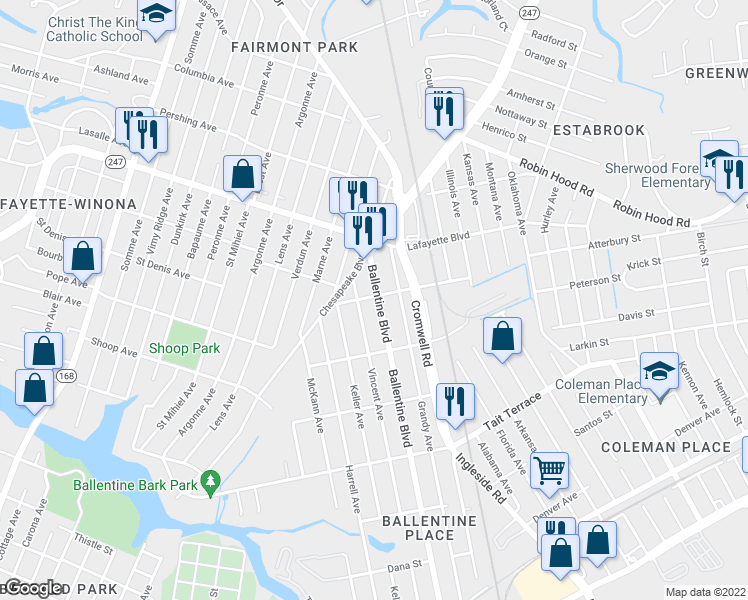 map of restaurants, bars, coffee shops, grocery stores, and more near 2851 Ballentine Boulevard in Norfolk
