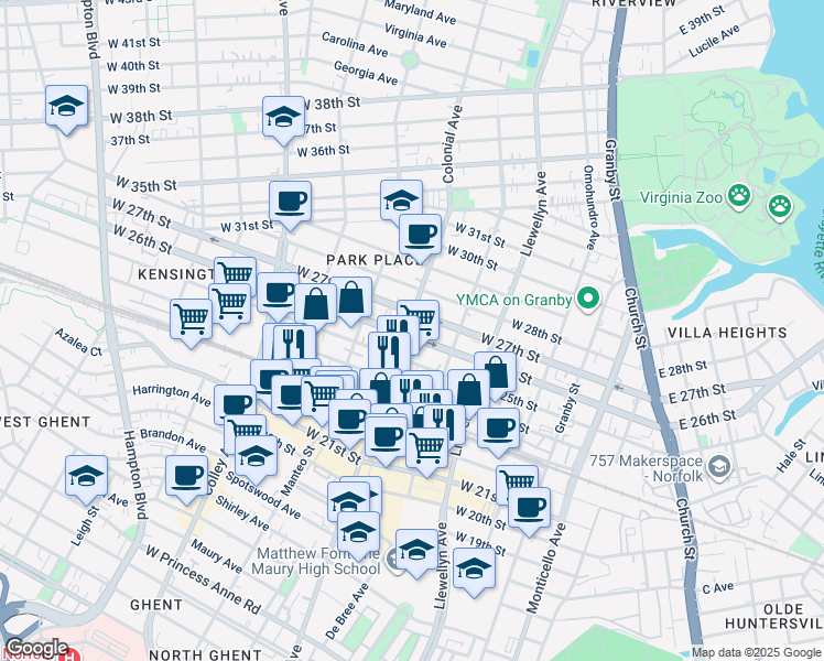 map of restaurants, bars, coffee shops, grocery stores, and more near 434 West 26th Street in Norfolk