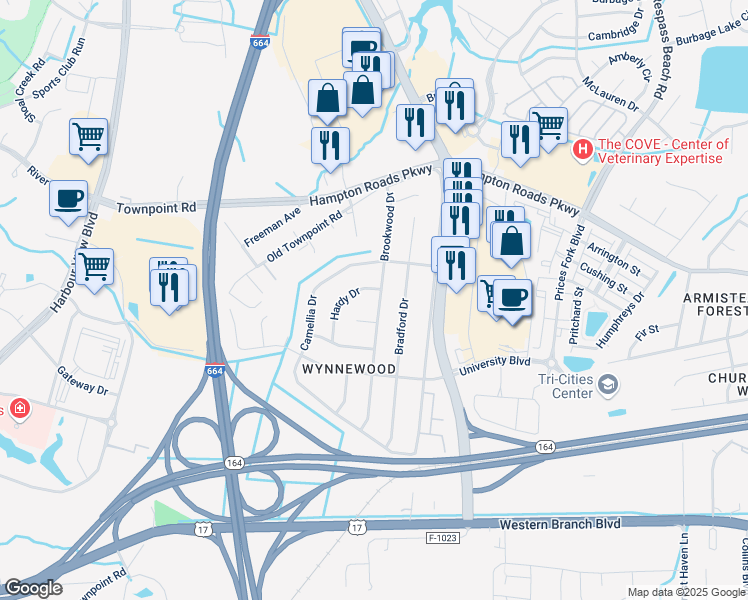 map of restaurants, bars, coffee shops, grocery stores, and more near 6043 Brookwood Drive in Suffolk