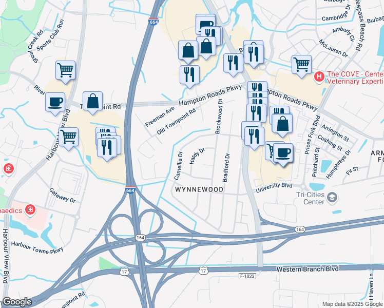 map of restaurants, bars, coffee shops, grocery stores, and more near 4632 Hardy Drive in Suffolk