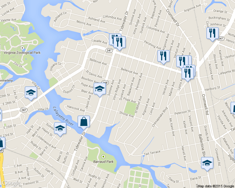 map of restaurants, bars, coffee shops, grocery stores, and more near 2904 Vimy Ridge Avenue in Norfolk