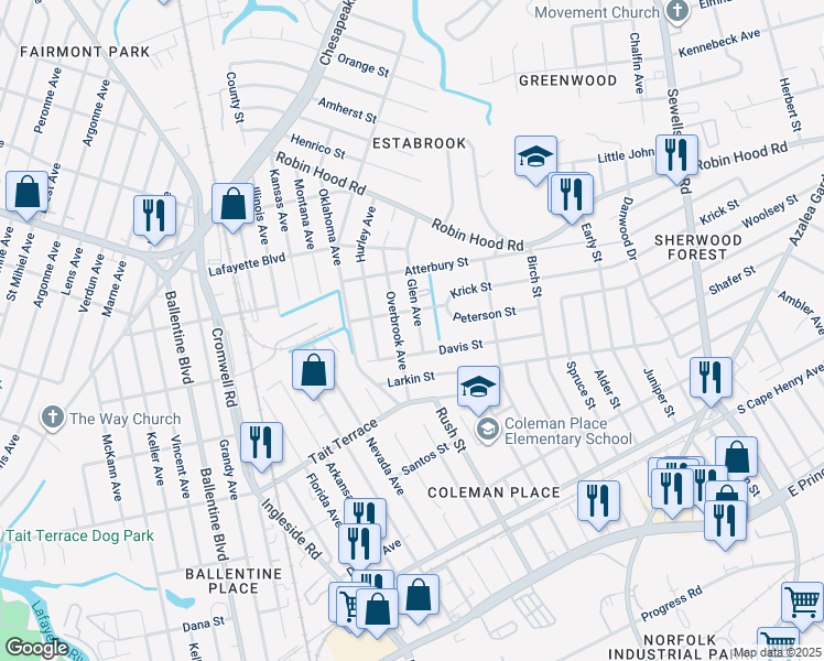 map of restaurants, bars, coffee shops, grocery stores, and more near 2718 Glen Avenue in Norfolk
