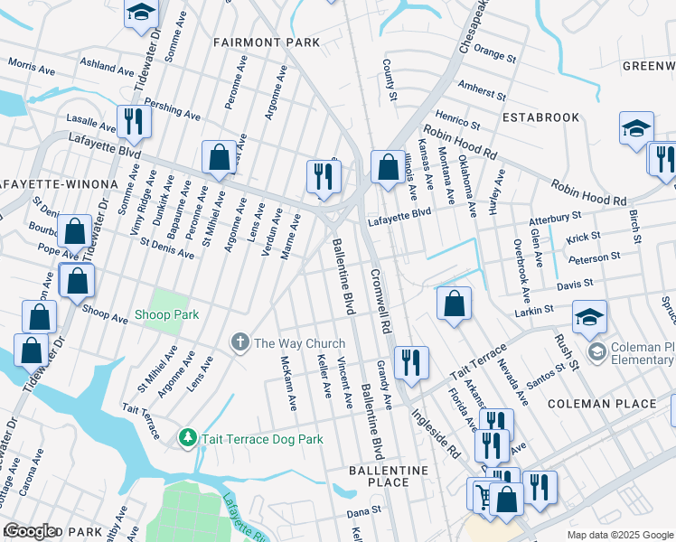map of restaurants, bars, coffee shops, grocery stores, and more near 2851 Ballentine Boulevard in Norfolk