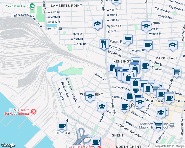 map of restaurants, bars, coffee shops, grocery stores, and more near 1221 Azalea Court in Norfolk