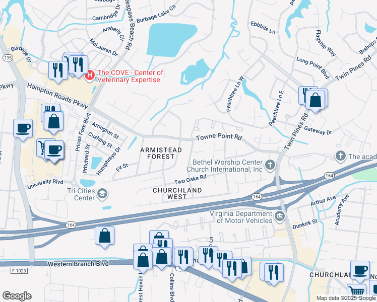 map of restaurants, bars, coffee shops, grocery stores, and more near 3812 Red Barn Road in Portsmouth
