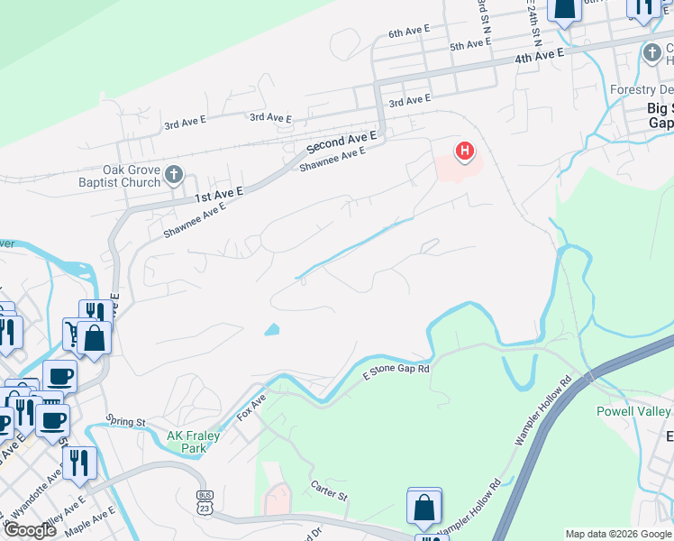 map of restaurants, bars, coffee shops, grocery stores, and more near 312 Ridge View Drive in Big Stone Gap