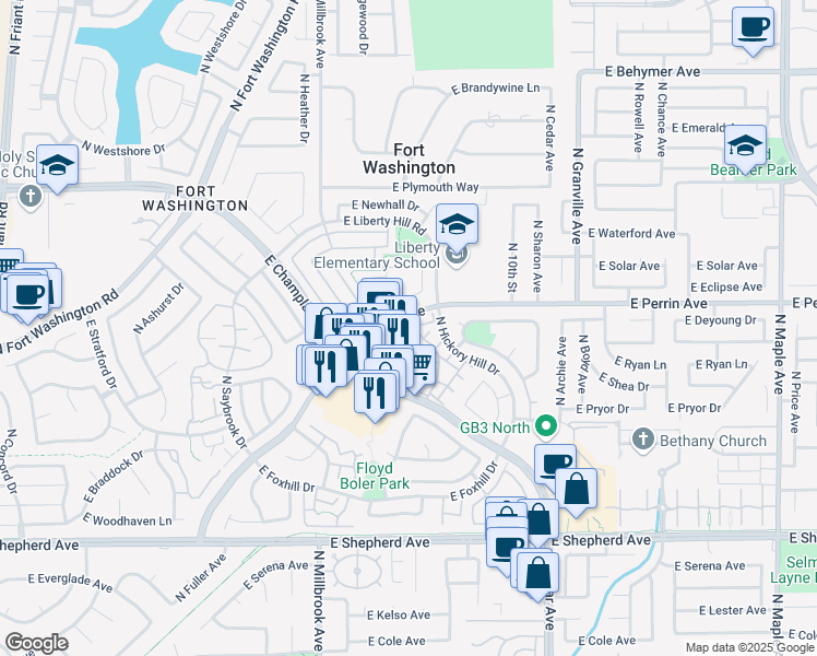 map of restaurants, bars, coffee shops, grocery stores, and more near 1155 East Perrin Avenue in Fresno