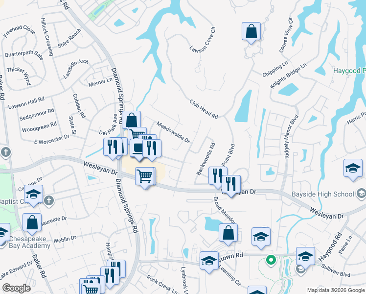 map of restaurants, bars, coffee shops, grocery stores, and more near 1009 Springwood Court in Virginia Beach