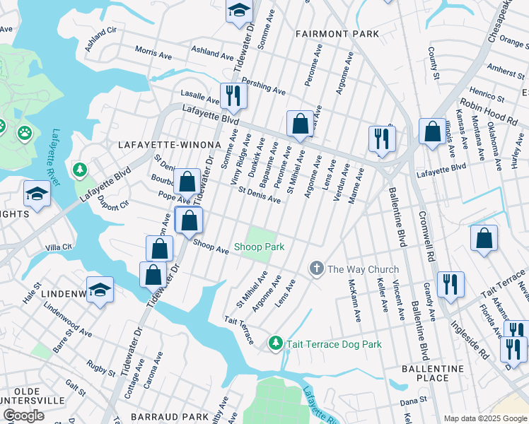 map of restaurants, bars, coffee shops, grocery stores, and more near 2923 Peronne Avenue in Norfolk