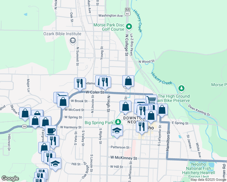 map of restaurants, bars, coffee shops, grocery stores, and more near 300-398 W Coler St in Neosho