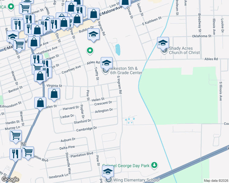 map of restaurants, bars, coffee shops, grocery stores, and more near 1005 Willow Lane in Sikeston