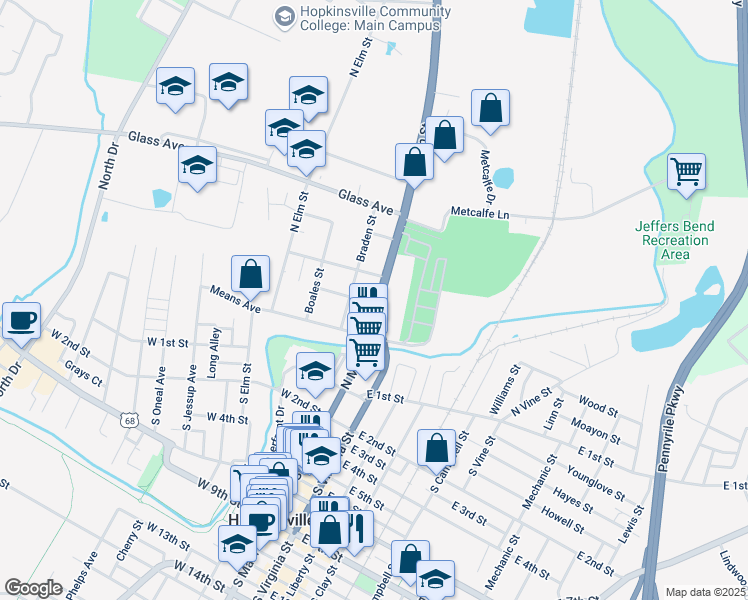 map of restaurants, bars, coffee shops, grocery stores, and more near 401 North Main Street in Hopkinsville