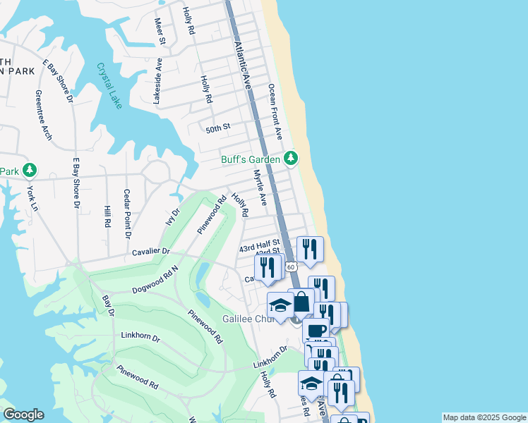 map of restaurants, bars, coffee shops, grocery stores, and more near 301 45th Street in Virginia Beach