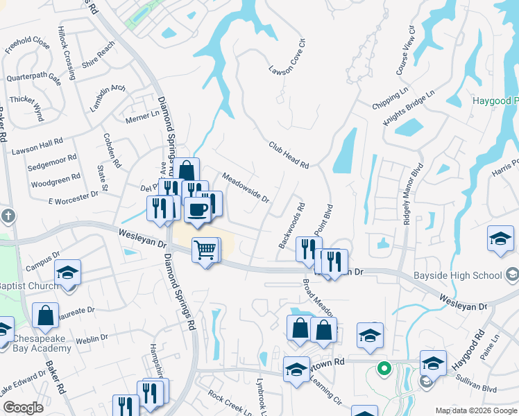 map of restaurants, bars, coffee shops, grocery stores, and more near 1009 Springwood Court in Virginia Beach