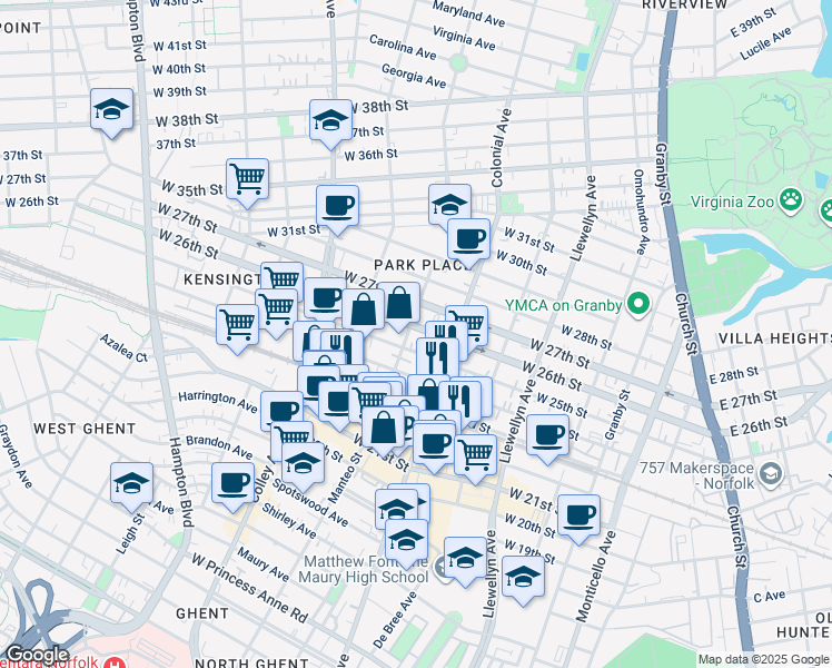 map of restaurants, bars, coffee shops, grocery stores, and more near 531 West 26th Street in Norfolk
