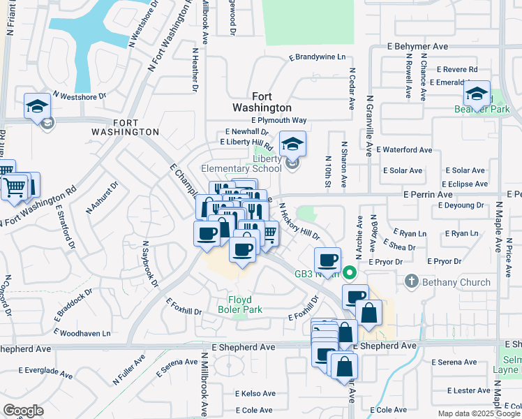 map of restaurants, bars, coffee shops, grocery stores, and more near 1155 East Perrin Avenue in Fresno