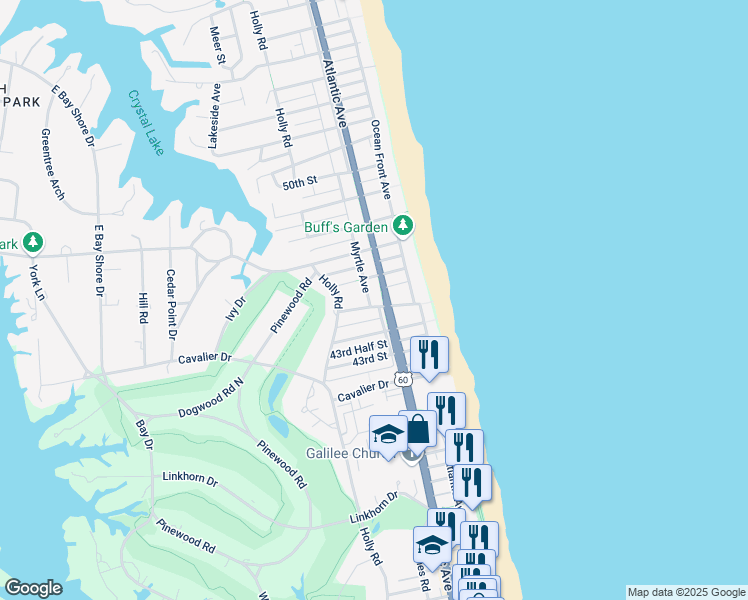 map of restaurants, bars, coffee shops, grocery stores, and more near 301 45th Street in Virginia Beach