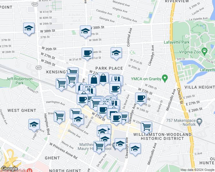 map of restaurants, bars, coffee shops, grocery stores, and more near 531 West 26th Street in Norfolk