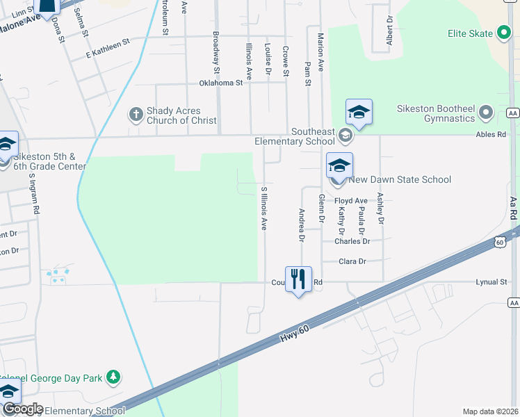 map of restaurants, bars, coffee shops, grocery stores, and more near 400B Illinois Avenue in Sikeston