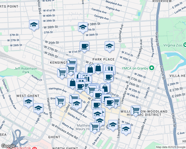 map of restaurants, bars, coffee shops, grocery stores, and more near 622 West 25th Street in Norfolk
