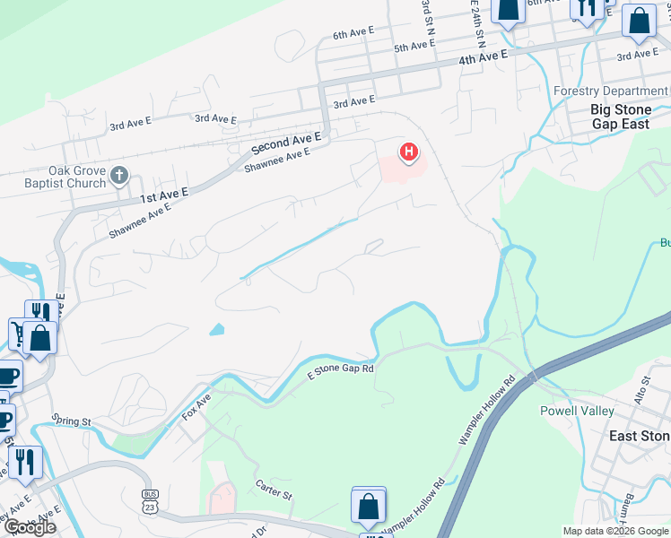 map of restaurants, bars, coffee shops, grocery stores, and more near 1431 Ridge View Drive in Big Stone Gap