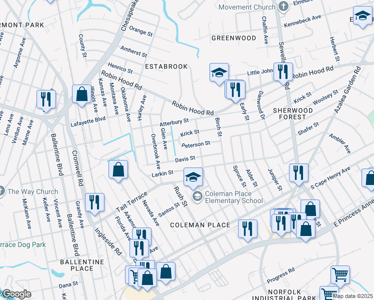 map of restaurants, bars, coffee shops, grocery stores, and more near 3845 Peterson Street in Norfolk