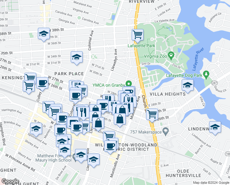 map of restaurants, bars, coffee shops, grocery stores, and more near 216 West 28th Street in Norfolk