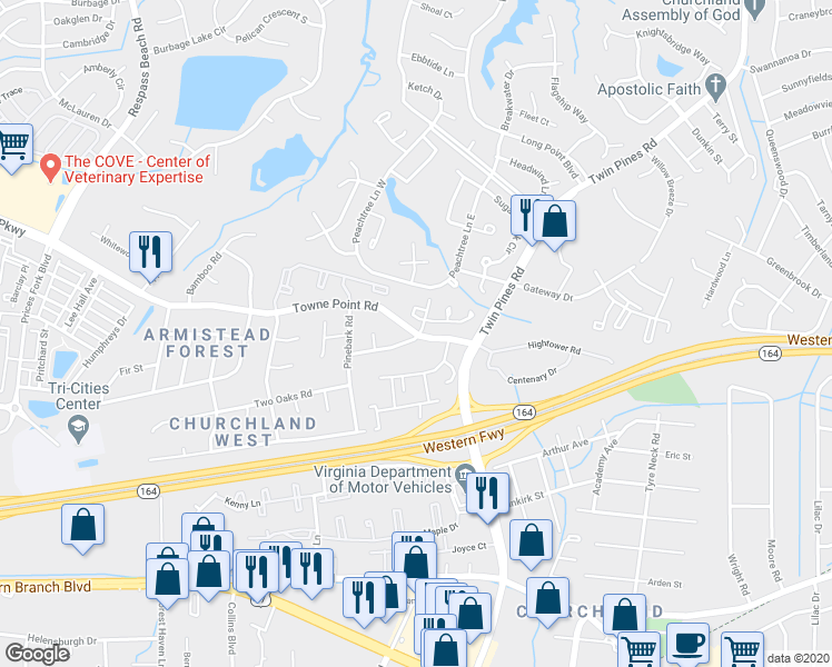 map of restaurants, bars, coffee shops, grocery stores, and more near 3710 Towne Point Road in Portsmouth