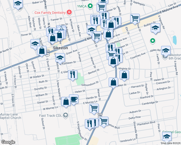 map of restaurants, bars, coffee shops, grocery stores, and more near 314 Benton Street in Sikeston