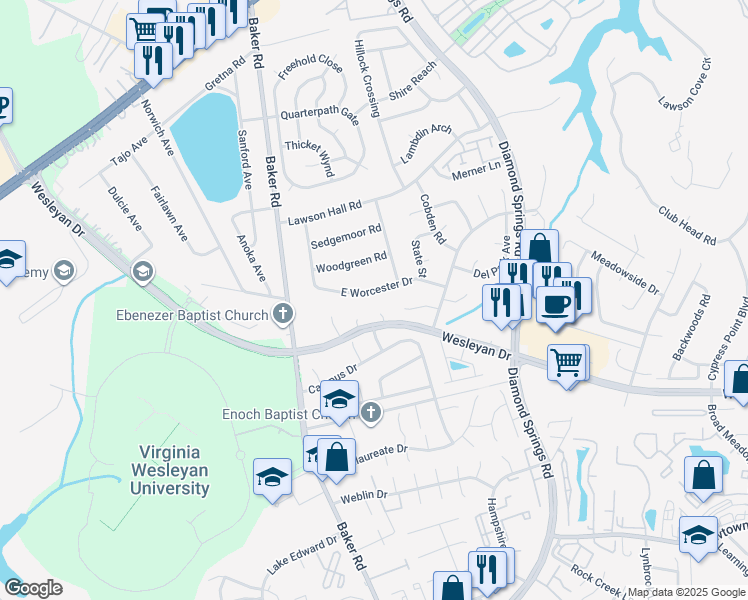map of restaurants, bars, coffee shops, grocery stores, and more near 1008 Radford Court in Virginia Beach