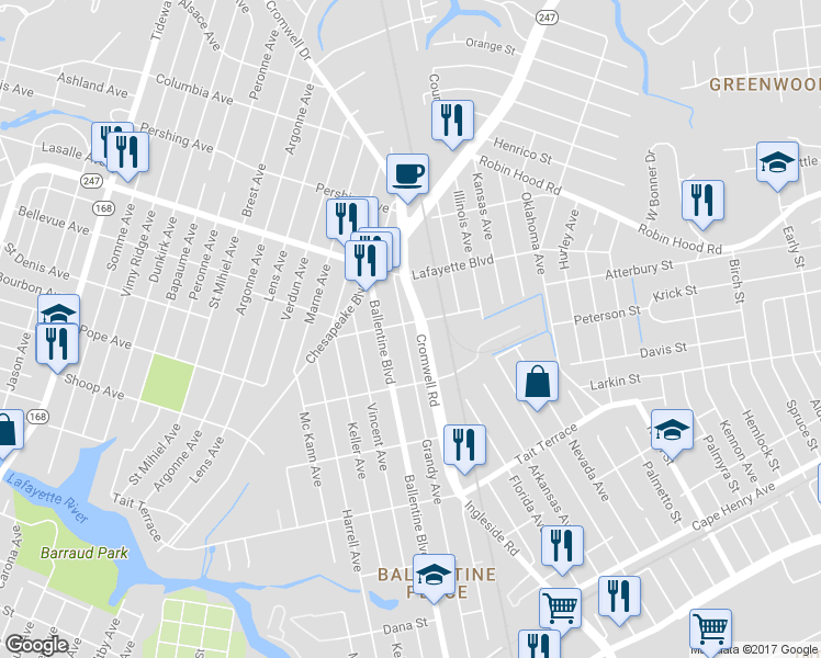 map of restaurants, bars, coffee shops, grocery stores, and more near 2846 Ballentine Boulevard in Norfolk