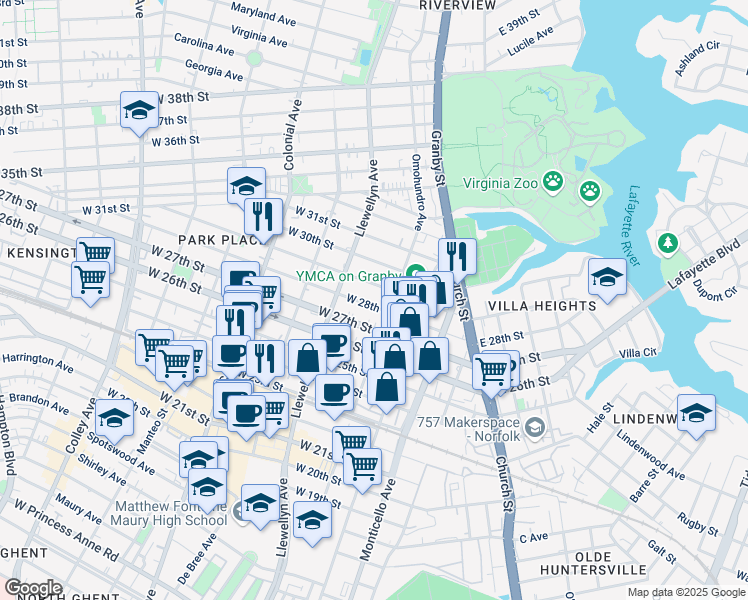 map of restaurants, bars, coffee shops, grocery stores, and more near 223 West 28th Street in Norfolk