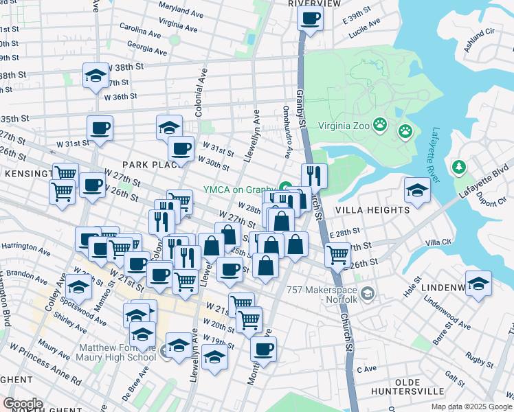 map of restaurants, bars, coffee shops, grocery stores, and more near 214 West 28th Street in Norfolk